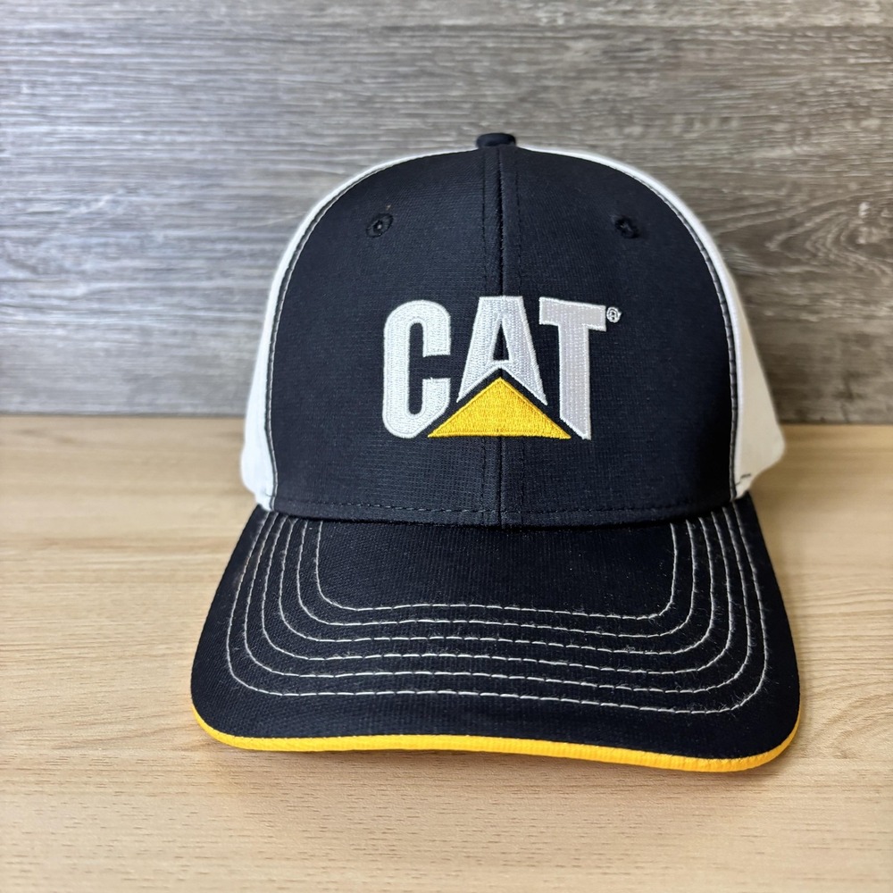 CAT Hat Cap Strap Back Black White Trucker Mesh Embroidered Logo Mens Workwear